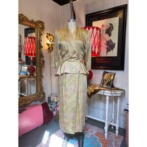 Vintage 1980s gold satin peplum dress 1940s style old hollywood med 80s does 40s